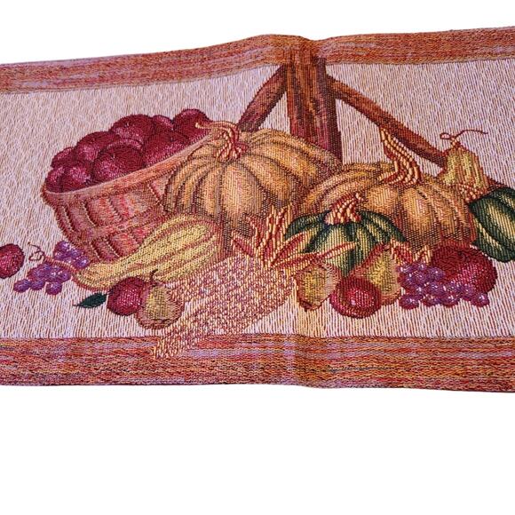 Fall Harvest Thanksgiving Cream Table Runner Baskets Of Pumpkins Squash Decor - Picture 3 of 5